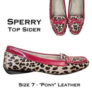 Sperry Top Sider Womens Pony Hair Leather Loafer 7 Leopard Print Red Patent Trim